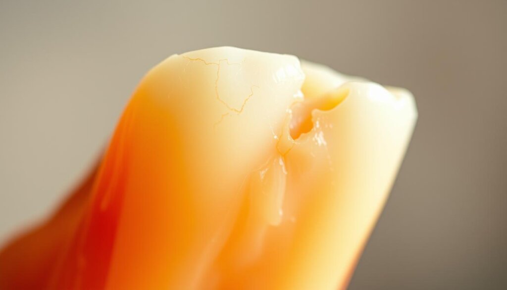 A close-up view of a partially broken tooth, with visible cracks and chips in the dental enamel. The tooth is set against a soft, defocused background, creating a sense of visual emphasis on the damaged area. Warm, natural lighting illuminates the tooth, revealing the texture and discoloration of the damaged surface. The image is captured at a slight angle, providing a detailed, three-dimensional perspective of the affected tooth. The overall mood is one of clinical detail and the need for dental intervention, highlighting the importance of addressing a broken tooth through dental bonding or other restorative procedures.