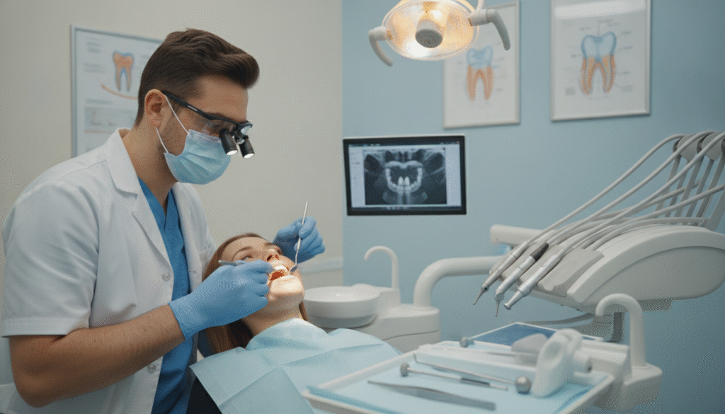 A close-up view of a patient in a modern dental office, showcasing a dentist carefully examining a repaired tooth with specialized dental tools. In the foreground, the dentist, dressed in professional attire with a dental mask, is focused intently on the patient. The middle ground features a dental chair and high-tech equipment, with clear, bright overhead lights illuminating the scene. The background includes dental charts and calming colors on the walls, creating a tranquil atmosphere. Soft shadows lend depth, while the angle highlights the precision of tooth repair materials, such as composite resin and dental crowns. The overall mood conveys professionalism, care, and an emphasis on tooth longevity and durability. A close-up view of a patient in a modern dental office, showcasing a dentist carefully examining a repaired tooth with specialized dental tools. In the foreground, the dentist, dressed in professional attire with a dental mask, is focused intently on the patient. The middle ground features a dental chair and high-tech equipment, with clear, bright overhead lights illuminating the scene. The background includes dental charts and calming colors on the walls, creating a tranquil atmosphere. Soft shadows lend depth, while the angle highlights the precision of tooth repair materials, such as composite resin and dental crowns. The overall mood conveys professionalism, care, and an emphasis on tooth longevity and durability.