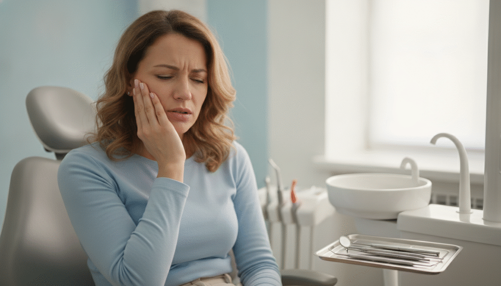 A close-up view of a person holding their jaw, displaying a look of concern and discomfort due to toothache pain. The subject, dressed in a modest casual outfit, sits in a softly lit dental office, with calming colors like light blue and white in the background, evoking a serene atmosphere. A dental chair can be partially seen in the background, along with dental tools. The lighting is warm and inviting, highlighting the person's facial expression. Soft shadows add depth to the scene, while a focused depth of field ensures the subject remains the central point of interest. The image conveys empathy and relief, emphasizing the struggle of dealing with broken tooth pain. A close-up view of a person holding their jaw, displaying a look of concern and discomfort due to toothache pain. The subject, dressed in a modest casual outfit, sits in a softly lit dental office, with calming colors like light blue and white in the background, evoking a serene atmosphere. A dental chair can be partially seen in the background, along with dental tools. The lighting is warm and inviting, highlighting the person's facial expression. Soft shadows add depth to the scene, while a focused depth of field ensures the subject remains the central point of interest. The image conveys empathy and relief, emphasizing the struggle of dealing with broken tooth pain.