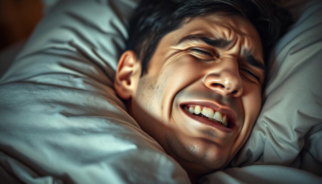 A close-up view of a person's head resting on a pillow, with a focus on the facial features and teeth. The image is shot from a slightly elevated angle, creating a sense of intimacy and introspection. The lighting is soft and diffused, casting gentle shadows and highlighting the contours of the face. The pillow is made of a luxurious, plush material, and the bedding is in a neutral, calming color palette. The expression on the person's face conveys a sense of discomfort or pain, suggesting the impact of their sleep position on their teeth. The composition emphasizes the importance of sleep position and its influence on dental health.