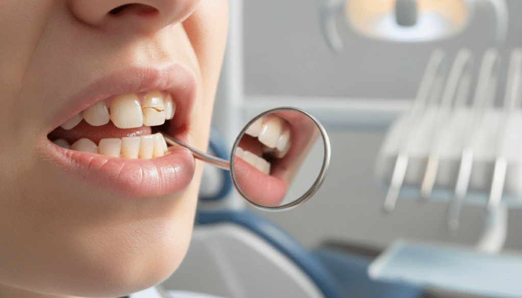 A close-up view of a person's mouth showing a cracked tooth, emphasizing the fractures and chips on the enamel. The tooth should appear slightly discolored, hinting at sensitivity, with a subtle grimace reflecting discomfort. In the foreground, bright, natural lighting highlights the uneven surface of the tooth. The middle layer includes a blurred dental examination mirror reflecting the tooth's details, adding a clinical feel. The background softly fades to a clean dental office environment, with blurred dental equipment, reinforcing the context. Capture the mood of concern and awareness, as if illustrating symptoms for educational purposes, while keeping the overall composition professional and informative. A close-up view of a person's mouth showing a cracked tooth, emphasizing the fractures and chips on the enamel. The tooth should appear slightly discolored, hinting at sensitivity, with a subtle grimace reflecting discomfort. In the foreground, bright, natural lighting highlights the uneven surface of the tooth. The middle layer includes a blurred dental examination mirror reflecting the tooth's details, adding a clinical feel. The background softly fades to a clean dental office environment, with blurred dental equipment, reinforcing the context. Capture the mood of concern and awareness, as if illustrating symptoms for educational purposes, while keeping the overall composition professional and informative.