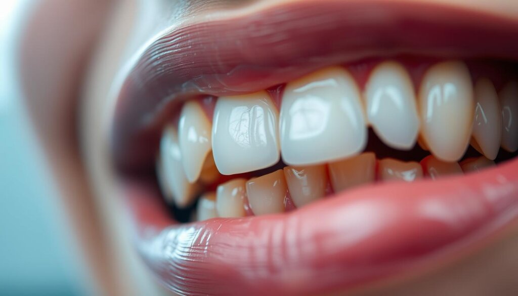 A close-up view of a person's teeth, with a focus on the front incisors and canines. The teeth are slightly misaligned, and the gums appear slightly inflamed, indicating dental sensitivity. The lighting is soft and diffused, creating a calming and clinical atmosphere. The background is blurred, with a subtle gradient that suggests a medical setting, such as a dentist's office. The overall composition emphasizes the teeth and gums, drawing the viewer's attention to the specific area of concern.
