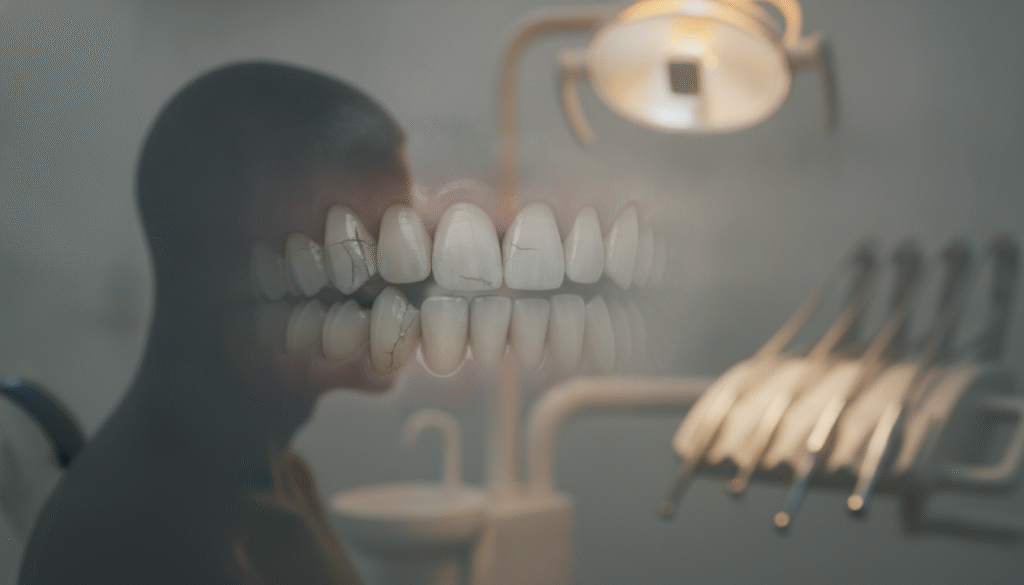 A close-up view of a set of human teeth exhibiting visible signs of wear and damage due to grinding. The foreground showcases the teeth with chipped edges and cracks, surrounded by a faint haze to illustrate the impact of grinding. The middle ground features a shadowy silhouette of a person clenching their jaw, emphasizing the tension caused by teeth grinding. The background is softly blurred, suggesting a clinical dental setting with faint dental tools and a light source that creates a warm, gentle glow, reflecting the seriousness of dental health. The overall mood is serious and thought-provoking, encouraging reflection on the consequences of teeth grinding. The lighting should be soft but focused on the teeth, highlighting their condition without harsh shadows. A close-up view of a set of human teeth exhibiting visible signs of wear and damage due to grinding. The foreground showcases the teeth with chipped edges and cracks, surrounded by a faint haze to illustrate the impact of grinding. The middle ground features a shadowy silhouette of a person clenching their jaw, emphasizing the tension caused by teeth grinding. The background is softly blurred, suggesting a clinical dental setting with faint dental tools and a light source that creates a warm, gentle glow, reflecting the seriousness of dental health. The overall mood is serious and thought-provoking, encouraging reflection on the consequences of teeth grinding. The lighting should be soft but focused on the teeth, highlighting their condition without harsh shadows.