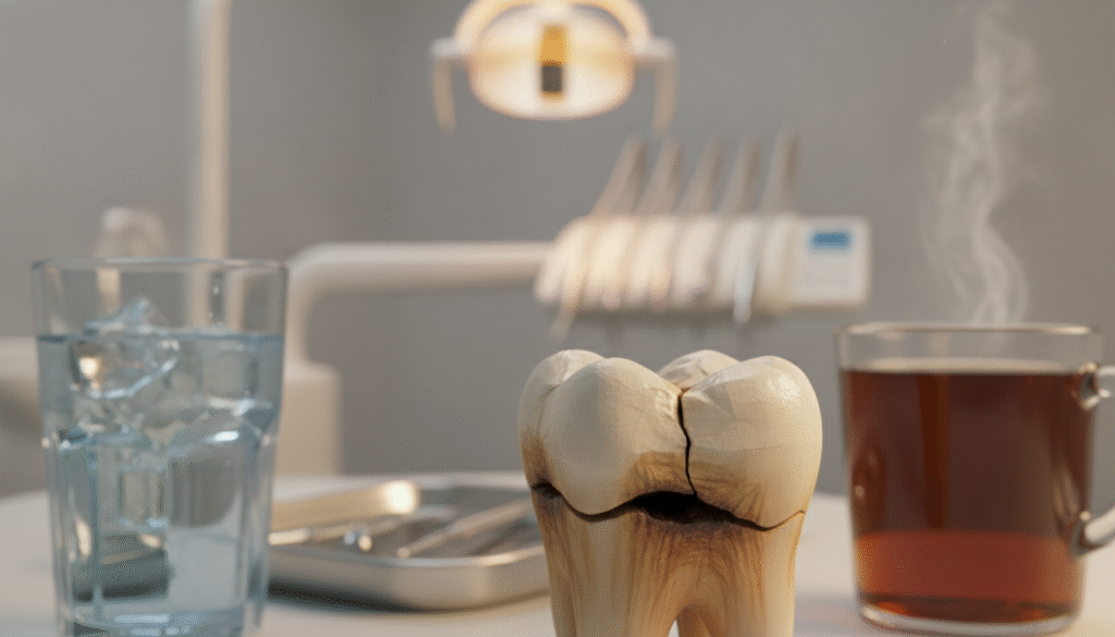 A close-up view of a single cracked tooth, highlighted in the foreground with sharp detail to emphasize the fissure and surrounding decay. The tooth should be shown against a soft, blurred background that suggests a dental office, with tools and a gentle light creating a clinical atmosphere. In the midground, subtle hints of icy and steaming beverages—perhaps a glass of iced water and a warm mug of tea—symbolize the temperature sensitivity. The lighting is warm and inviting, contrasted by the cool tones of the beverages, reflecting the pain contrast felt with temperature extremes. The mood is one of contemplation, illustrating the tension between wanting to enjoy drinks and the fear of pain due to a dental issue. A close-up view of a single cracked tooth, highlighted in the foreground with sharp detail to emphasize the fissure and surrounding decay. The tooth should be shown against a soft, blurred background that suggests a dental office, with tools and a gentle light creating a clinical atmosphere. In the midground, subtle hints of icy and steaming beverages—perhaps a glass of iced water and a warm mug of tea—symbolize the temperature sensitivity. The lighting is warm and inviting, contrasted by the cool tones of the beverages, reflecting the pain contrast felt with temperature extremes. The mood is one of contemplation, illustrating the tension between wanting to enjoy drinks and the fear of pain due to a dental issue.