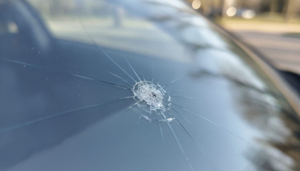 A close-up view of a small auto glass chip, showcasing its intricate details. The foreground features the chip with sharp edges and a slight reflection of light, highlighting its crystalline structure. In the middle, a blurred context of a car windshield provides a sense of location, with soft bokeh effect enhancing the focus on the chip. The background includes hints of a serene outdoor environment, suggesting a parked vehicle with soft, natural light filtering through trees, creating a calm atmosphere. The image should evoke a sense of concern and curiosity about auto glass integrity. Optimal lighting captures the shine on the glass, and a slightly angled perspective offers depth to the scene. A close-up view of a small auto glass chip, showcasing its intricate details. The foreground features the chip with sharp edges and a slight reflection of light, highlighting its crystalline structure. In the middle, a blurred context of a car windshield provides a sense of location, with soft bokeh effect enhancing the focus on the chip. The background includes hints of a serene outdoor environment, suggesting a parked vehicle with soft, natural light filtering through trees, creating a calm atmosphere. The image should evoke a sense of concern and curiosity about auto glass integrity. Optimal lighting captures the shine on the glass, and a slightly angled perspective offers depth to the scene.