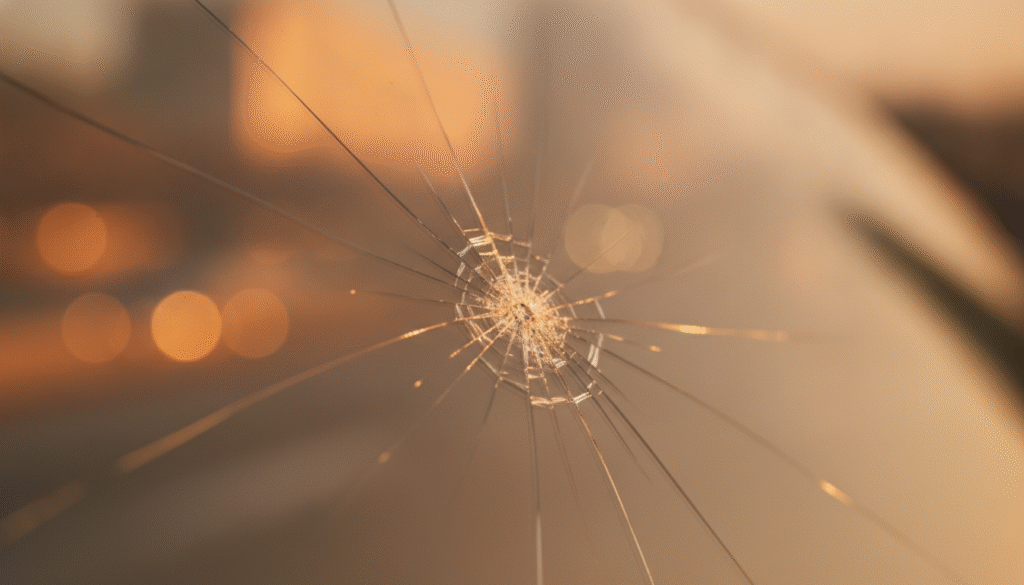 A close-up view of a small chip on a car windshield, intricately detailed to highlight its texture and shape. The foreground features the chip prominently, showcasing small cracks radiating from it. In the middle ground, the smooth glass of the windshield reflects light, which creates subtle highlights and shadows, giving a sense of depth. The background consists of an out-of-focus urban setting, with soft bokeh effects that suggest a serene atmosphere. The overall lighting is natural, capturing the light of golden hour, which enhances the clarity of the chip. The image should evoke a sense of contemplation, inviting viewers to consider the implications of leaving a small chip unattended. A close-up view of a small chip on a car windshield, intricately detailed to highlight its texture and shape. The foreground features the chip prominently, showcasing small cracks radiating from it. In the middle ground, the smooth glass of the windshield reflects light, which creates subtle highlights and shadows, giving a sense of depth. The background consists of an out-of-focus urban setting, with soft bokeh effects that suggest a serene atmosphere. The overall lighting is natural, capturing the light of golden hour, which enhances the clarity of the chip. The image should evoke a sense of contemplation, inviting viewers to consider the implications of leaving a small chip unattended.