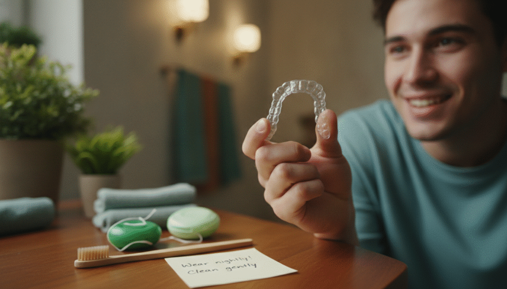 A close-up view of a smiling young adult sitting at a table with a clear, custom-fit retainer in their hand, examining it thoughtfully. The foreground features the retainer, glinting in soft, natural light to highlight its transparency. In the middle ground, a dental care kit with toothbrush, floss, and a small reminder note nearby, subtly suggesting post-Invisalign care. The background showcases a warm, softly lit bathroom or dental office environment, with hints of plants or calming decor that enhance the atmosphere of care and comfort. The mood is positive and informative, conveying a sense of guidance and self-care in the immediate aftermath of Invisalign treatment, with a focus on maintaining oral health. A close-up view of a smiling young adult sitting at a table with a clear, custom-fit retainer in their hand, examining it thoughtfully. The foreground features the retainer, glinting in soft, natural light to highlight its transparency. In the middle ground, a dental care kit with toothbrush, floss, and a small reminder note nearby, subtly suggesting post-Invisalign care. The background showcases a warm, softly lit bathroom or dental office environment, with hints of plants or calming decor that enhance the atmosphere of care and comfort. The mood is positive and informative, conveying a sense of guidance and self-care in the immediate aftermath of Invisalign treatment, with a focus on maintaining oral health.