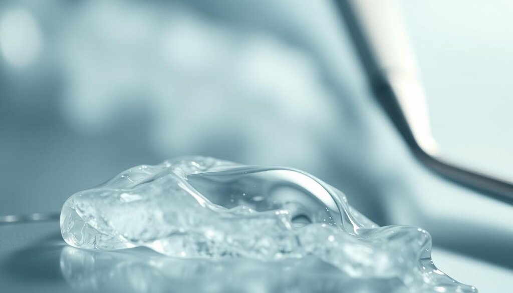 A close-up view of acrylic resin material used in dental composite fillings. The resin is depicted in a transparent, glassy appearance, revealing its intricate molecular structure. The foreground focuses on the resin's smooth, glossy surface, highlighting its reflective properties. The middle ground showcases the resin's viscous, fluid-like texture, while the background features a blurred, out-of-focus dental tool or instrument, emphasizing the resin's role in dental procedures. The lighting is soft and directional, creating subtle shadows and highlights that enhance the resin's three-dimensional qualities. The overall mood is clinical, scientific, and visually compelling, reflecting the technical nature of the subject matter.