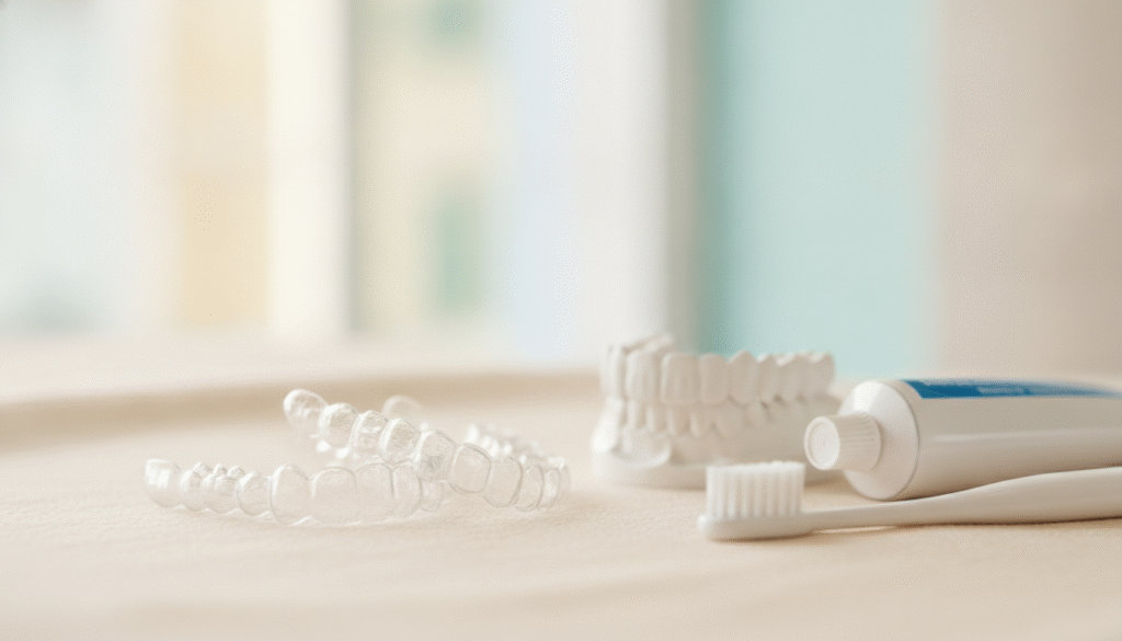 A close-up view of clear Invisalign aligners placed on a soft, neutral-toned surface, highlighting their transparent, flexible design. The foreground features the aligners in pristine condition, illuminated by soft, diffused lighting that accentuates their clarity and texture. In the middle ground, show a sleek dental model with aligned teeth and a subtle hint of a toothbrush and toothpaste, emphasizing dental hygiene. The background is softly blurred to avoid distractions, suggesting a calming dental office atmosphere with gentle pastel colors and natural light filtering through a window. The overall mood is informative and professional, tailored for a dental context. A close-up view of clear Invisalign aligners placed on a soft, neutral-toned surface, highlighting their transparent, flexible design. The foreground features the aligners in pristine condition, illuminated by soft, diffused lighting that accentuates their clarity and texture. In the middle ground, show a sleek dental model with aligned teeth and a subtle hint of a toothbrush and toothpaste, emphasizing dental hygiene. The background is softly blurred to avoid distractions, suggesting a calming dental office atmosphere with gentle pastel colors and natural light filtering through a window. The overall mood is informative and professional, tailored for a dental context.