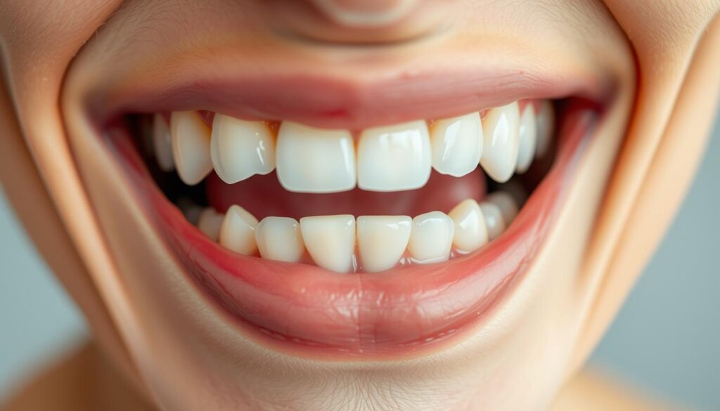 A close-up view of healthy human teeth, gums, and tongue against a blurred background. The teeth are clean, white, and well-aligned, with no visible plaque or discoloration. The gums are a healthy pink color, and the tongue appears moist and free of any abnormalities. The lighting is soft and diffused, creating a warm, natural-looking scene. The composition is centered, with the teeth and gums occupying the majority of the frame, and the background blurred to draw the viewer's attention to the details of the oral cavity. The overall mood is one of wellness and vitality, reflecting the signs of good oral health.