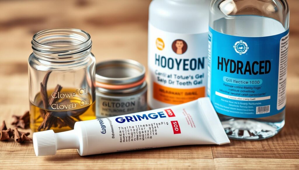 A close-up view of various topical treatments for tooth pain, including a jar of clove oil, a tube of numbing gel, and a bottle of hydrogen peroxide, all arranged on a wooden surface with a soft, diffused lighting, creating a warm, soothing atmosphere for the viewer to easily understand the different options available for temporary toothache relief.