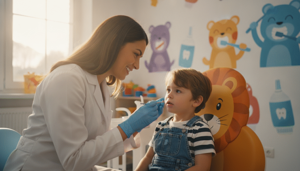 A compassionate dentist in a bright, welcoming pediatric dental clinic is gently examining a young child's broken tooth. The dentist, a middle-aged Hispanic woman, is wearing a white coat and gloves, showing a reassuring smile. The child, a curious 7-year-old boy with light brown hair and denim overalls, sits comfortably in a colorful dental chair, looking a bit anxious yet safe. In the background, cheerful wall murals feature friendly animals and dental hygiene concepts, creating a calm atmosphere. Soft, natural lighting filters through large windows, illuminating the scene, capturing the professionalism and care taken in treating children's dental issues. The focus is on the interaction, highlighting trust and the importance of prompt dental treatment. A compassionate dentist in a bright, welcoming pediatric dental clinic is gently examining a young child's broken tooth. The dentist, a middle-aged Hispanic woman, is wearing a white coat and gloves, showing a reassuring smile. The child, a curious 7-year-old boy with light brown hair and denim overalls, sits comfortably in a colorful dental chair, looking a bit anxious yet safe. In the background, cheerful wall murals feature friendly animals and dental hygiene concepts, creating a calm atmosphere. Soft, natural lighting filters through large windows, illuminating the scene, capturing the professionalism and care taken in treating children's dental issues. The focus is on the interaction, highlighting trust and the importance of prompt dental treatment.