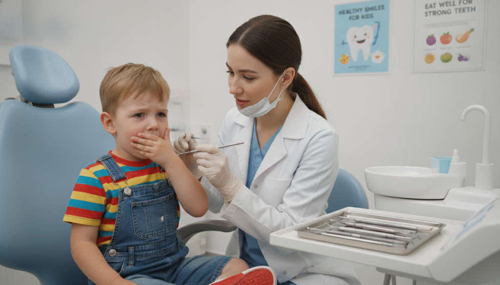 A concerned child in a dentist's office, holding their mouth with a worried expression after a dental accident. The foreground depicts the child, dressed in colorful, modest casual clothing, showing signs of distress. In the middle ground, a dentist in professional attire, wearing a lab coat and gloves, gently examines the child's mouth, portraying a sense of care and professionalism. The background features dental tools neatly arranged on a counter and posters promoting dental health awareness on the walls. The lighting is bright and clinical, enhancing the seriousness of the situation while maintaining a hopeful atmosphere, suggesting that help is on the way. The composition focuses on the emotional connection between the child and the dentist, illustrating the theme of understanding dental trauma in children. A concerned child in a dentist's office, holding their mouth with a worried expression after a dental accident. The foreground depicts the child, dressed in colorful, modest casual clothing, showing signs of distress. In the middle ground, a dentist in professional attire, wearing a lab coat and gloves, gently examines the child's mouth, portraying a sense of care and professionalism. The background features dental tools neatly arranged on a counter and posters promoting dental health awareness on the walls. The lighting is bright and clinical, enhancing the seriousness of the situation while maintaining a hopeful atmosphere, suggesting that help is on the way. The composition focuses on the emotional connection between the child and the dentist, illustrating the theme of understanding dental trauma in children.