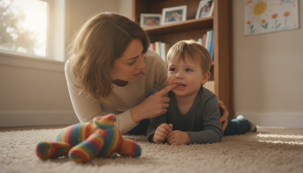 A concerned parent kneeling beside a young child with a chipped baby tooth, in a cozy living room setting. The child, around 6 years old, has a worried yet brave expression, showcasing the small chip on their front tooth. Gentle sunlight filters in through a nearby window, creating soft, warm lighting that adds a comforting atmosphere. In the foreground, a colorful stuffed animal sits on the carpet, while in the background, family photographs and a vibrant drawing on the wall highlight a loving home environment. The angle is slightly above eye level, capturing the child's face and the parent's caring demeanor, evoking a sense of safety and support during a moment of concern. A concerned parent kneeling beside a young child with a chipped baby tooth, in a cozy living room setting. The child, around 6 years old, has a worried yet brave expression, showcasing the small chip on their front tooth. Gentle sunlight filters in through a nearby window, creating soft, warm lighting that adds a comforting atmosphere. In the foreground, a colorful stuffed animal sits on the carpet, while in the background, family photographs and a vibrant drawing on the wall highlight a loving home environment. The angle is slightly above eye level, capturing the child's face and the parent's caring demeanor, evoking a sense of safety and support during a moment of concern.