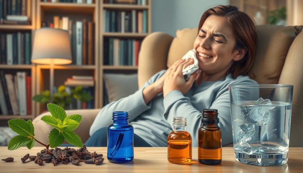 A cozy home setting, with a person sitting in a comfortable armchair, their face expressing relief as they hold a warm compress against their cheek. In the foreground, various natural remedies are displayed, such as cloves, peppermint oil, and a glass of cold water. The lighting is soft and calming, creating a soothing atmosphere. The background features a bookshelf filled with medical references, suggesting a knowledgeable approach to managing the toothache. The scene conveys a sense of immediate, natural relief and the importance of self-care in addressing the issue.