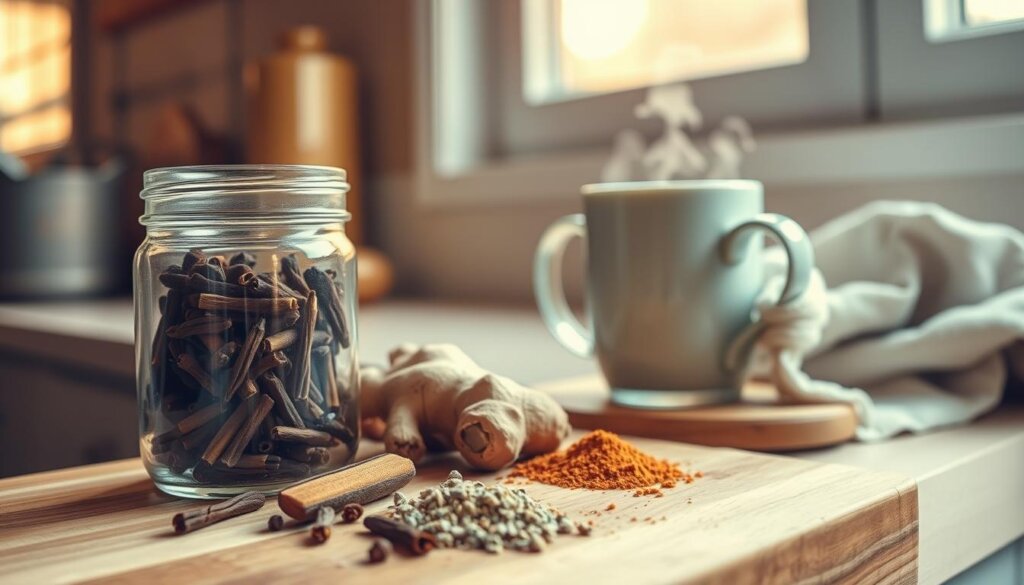 A cozy kitchen counter showcases an array of natural remedies for soothing a throbbing toothache. In the foreground, a glass jar filled with cloves, a slice of fresh ginger, and a small pile of ground cinnamon sit atop a wooden cutting board. In the middle ground, a steaming mug of herbal tea and a cold compress wrapped in a soft cloth evoke a sense of comfort and relief. The background features a window with warm, diffused lighting, casting a gentle glow over the scene. The overall mood is one of tranquility and holistic healing, inviting the viewer to consider alternative approaches to managing dental discomfort.