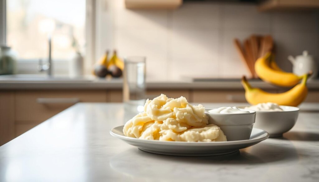 A cozy kitchen scene with a soft, neutral color palette. In the foreground, a plate of mashed potatoes, yogurt, and applesauce, representing gentle, tooth-friendly foods. In the middle ground, a glass of water and a few whole, soft-textured fruits like bananas and avocados. The background features soft, diffused lighting, suggesting a calming, soothing atmosphere. The overall composition conveys a sense of comfort and care for sensitive teeth.