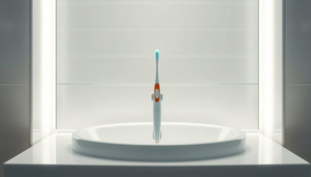 A crisp, well-lit bathroom interior with a modern sink and a toothbrush standing upright on the counter. The toothbrush is the focal point, casting a soft, inviting glow that highlights its pristine bristles. The background is a serene, minimalist tiled wall in a calming neutral color. The lighting is soft and diffused, creating a serene, meditative atmosphere. The composition is balanced, with the toothbrush positioned centrally and the sink and tiles framing it elegantly. The overall mood is one of simplicity, cleanliness, and the importance of daily oral hygiene.