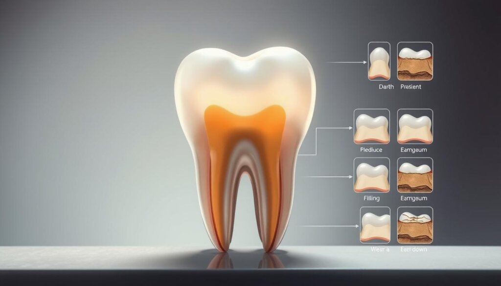 A cross-sectional diagram showcasing the lifespan of a composite dental filling. A realistic tooth in the foreground, with a detailed view of the filling material and its internal structure. Surrounding it, a series of illustrations depicting the filling's gradual wear and degradation over time, from pristine to worn down. Subtle color gradients and a muted, technical palette convey a sense of scientific inquiry. Soft, directional lighting illuminates the subject, emphasizing texture and depth. A clean, minimalist composition that highlights the key elements without distractions, lending an air of clinical precision.