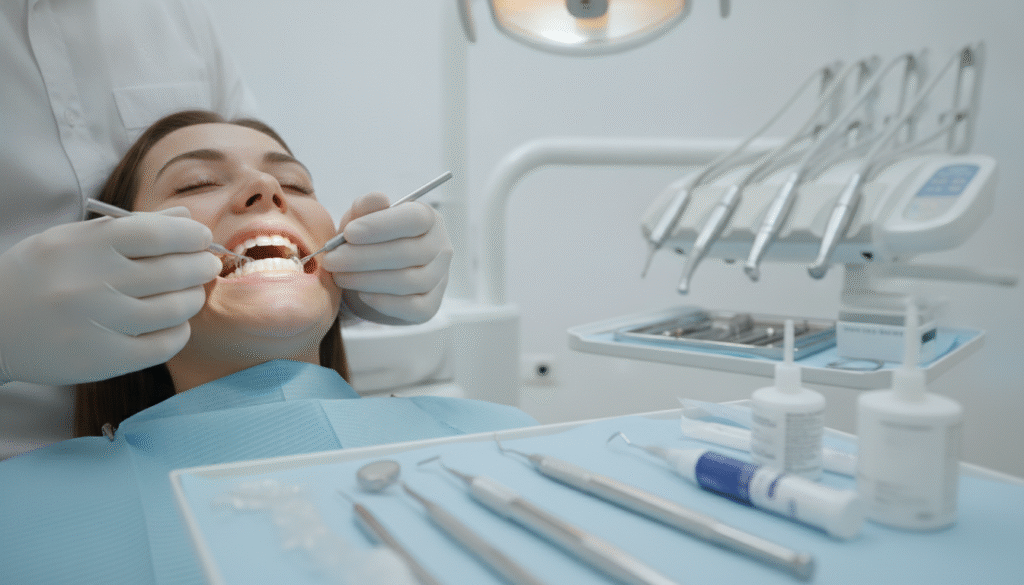 A dental clinic setting featuring a close-up view of a dentist's hands delicately applying a tooth splint on a patient with cracked and loose teeth. The foreground showcases detailed instruments and the splinting material, emphasizing precision in the treatment. The middle section captures the patient’s face, showing a calm expression, wearing a dental bib, as they receive treatment under bright, sterile lighting. In the background, dental tools and equipment are neatly arranged, emphasizing a professional atmosphere. The scene conveys a mood of trust and care, highlighting the importance of tooth splinting in dental health. The composition should be shot with a soft focus lens to create depth, enhancing the clarity of the dental procedure while maintaining a comforting ambiance. A dental clinic setting featuring a close-up view of a dentist's hands delicately applying a tooth splint on a patient with cracked and loose teeth. The foreground showcases detailed instruments and the splinting material, emphasizing precision in the treatment. The middle section captures the patient’s face, showing a calm expression, wearing a dental bib, as they receive treatment under bright, sterile lighting. In the background, dental tools and equipment are neatly arranged, emphasizing a professional atmosphere. The scene conveys a mood of trust and care, highlighting the importance of tooth splinting in dental health. The composition should be shot with a soft focus lens to create depth, enhancing the clarity of the dental procedure while maintaining a comforting ambiance.