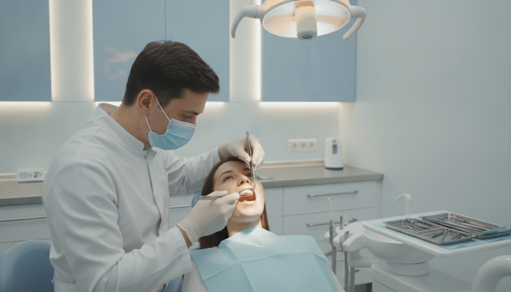 A dental extraction scene showcasing a broken tooth being treated in a modern dental office. In the foreground, a professional dentist in a white lab coat and mask is focused on the extraction procedure, wielding dental tools with precision. The middle ground features a patient comfortably seated in a dental chair, appearing calm and reassured under bright clinical lighting. Soft blue and white tones dominate the background, creating a clean and sterile environment typical of a dental practice. The lighting is bright yet soft, enhancing the clinical atmosphere while avoiding harsh shadows. The overall mood is serious yet reassuring, emphasizing the importance of professional dental care in addressing dental issues. A dental extraction scene showcasing a broken tooth being treated in a modern dental office. In the foreground, a professional dentist in a white lab coat and mask is focused on the extraction procedure, wielding dental tools with precision. The middle ground features a patient comfortably seated in a dental chair, appearing calm and reassured under bright clinical lighting. Soft blue and white tones dominate the background, creating a clean and sterile environment typical of a dental practice. The lighting is bright yet soft, enhancing the clinical atmosphere while avoiding harsh shadows. The overall mood is serious yet reassuring, emphasizing the importance of professional dental care in addressing dental issues.