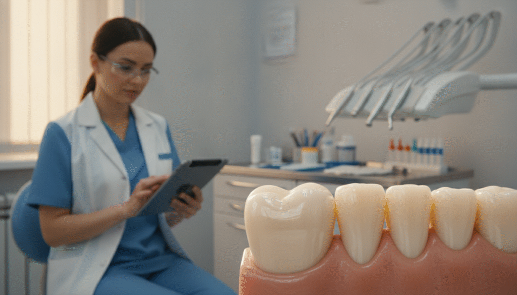 A dental office setting with a focus on the concept of tooth repair longevity. In the foreground, a close-up of a repaired tooth, showcasing dental bonding material seamlessly integrated. The tooth should be slightly illuminated to emphasize the repair work, with glossy highlights reflecting standard dental lighting. In the middle ground, a dentist in professional attire examines a dental chart with a thoughtful expression, symbolizing care and expertise in tooth longevity. The background should feature dental tools and materials organized neatly on a countertop, with soft, warm lighting to create an inviting atmosphere. The overall mood is both informative and reassuring, emphasizing the importance of dental repairs in maintaining long-term oral health. A dental office setting with a focus on the concept of tooth repair longevity. In the foreground, a close-up of a repaired tooth, showcasing dental bonding material seamlessly integrated. The tooth should be slightly illuminated to emphasize the repair work, with glossy highlights reflecting standard dental lighting. In the middle ground, a dentist in professional attire examines a dental chart with a thoughtful expression, symbolizing care and expertise in tooth longevity. The background should feature dental tools and materials organized neatly on a countertop, with soft, warm lighting to create an inviting atmosphere. The overall mood is both informative and reassuring, emphasizing the importance of dental repairs in maintaining long-term oral health.