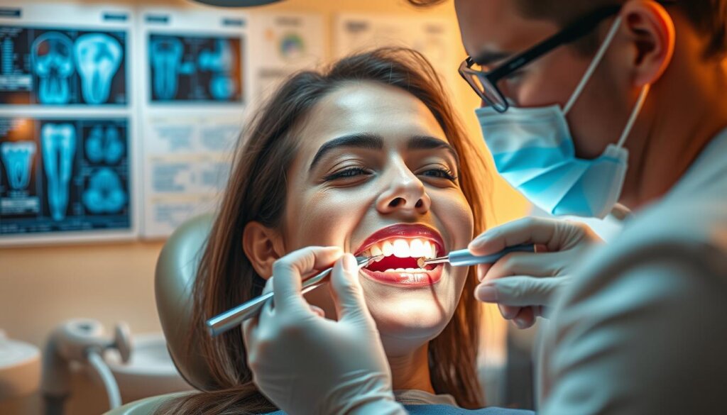 A dental professional thoroughly examining a patient's mouth, meticulously inspecting the teeth and gums with precision tools. The scene is bathed in warm, clinical lighting, casting a soothing, professional atmosphere. The patient's expression is calm and attentive as the dentist explains the intricacies of the dental implant evaluation process, guiding them through the key considerations. In the background, diagnostic images and charts provide a technical reference, complementing the hands-on examination. The overall composition conveys a sense of care, expertise, and the collaborative nature of the consultation.