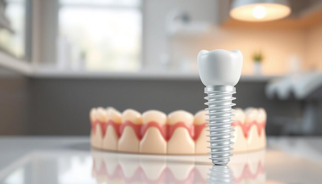 A detailed 3D render of a dental implant and surrounding teeth, showcasing the benefits of this dental restoration. The implant is placed prominently in the foreground, with a crisp, clean white aesthetic. The middle ground features healthy, natural-looking teeth in a warm, inviting color palette. The background depicts a softly blurred dental office setting, with subtle lighting accentuating the sleek, modern design of the implant. The overall composition conveys the durability, functionality, and aesthetic advantages of dental implants in a visually striking manner.