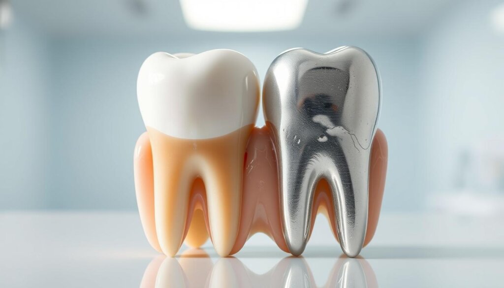 A detailed comparison of composite and amalgam dental fillings placed side-by-side in a well-lit, professional clinical setting. The composite filling appears smooth and natural, contrasting with the metallic sheen of the amalgam. The fillings are viewed from an angle that highlights their distinct physical properties and textures. The background is clean and sterile, emphasizing the medical context. Soft lighting from overhead creates a sense of clarity and precision. The composition draws the viewer's attention to the key differences between these two common restorative materials.