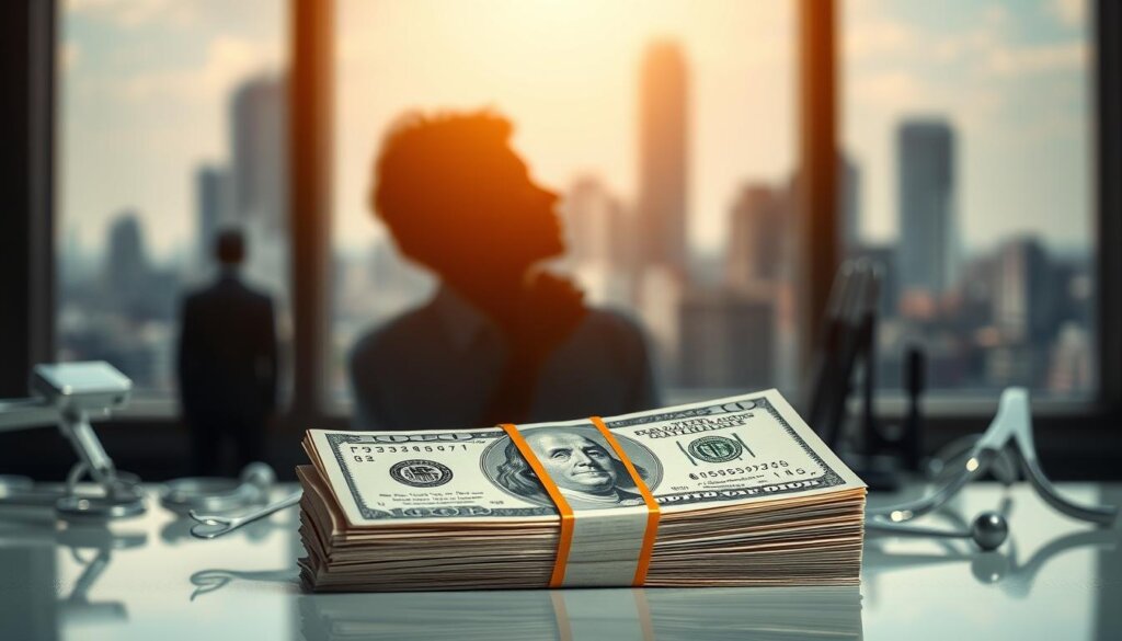 A detailed comparison of dental costs, presented in a clear and informative manner. In the foreground, a stack of dollar bills representing the financial burden of dental procedures, with various dental tools and equipment surrounding it, conveying the real-world implications. In the middle ground, a silhouette of a person contemplating their options, the expression on their face reflecting the difficult decision of seeking dental care. The background features a blurred cityscape, suggesting the broader societal and economic context in which these choices are made. Soft, natural lighting illuminates the scene, creating a sense of thoughtfulness and introspection. The overall composition emphasizes the importance of understanding the financial implications of dental care and the impact it can have on one's wellbeing.