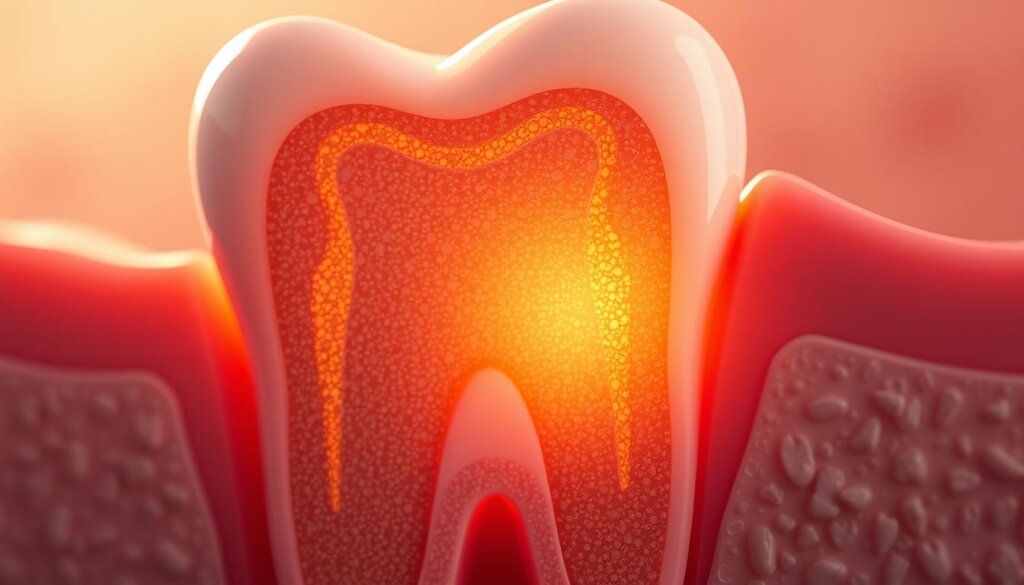 A detailed cross-section of a composite dental filling, showcasing its inner structure and durability. The filling is illuminated by a soft, warm light, casting subtle shadows that highlight its multi-layered composition. The foreground features the composite material itself, with its intricate matrix of resin and filler particles visible. The middle ground showcases the strong bond between the filling and the tooth enamel, demonstrating the filling's ability to withstand the forces of chewing and grinding. The background fades into a softly blurred, tooth-colored backdrop, emphasizing the seamless integration of the restoration. The overall scene conveys the resilience and longevity of modern composite fillings.