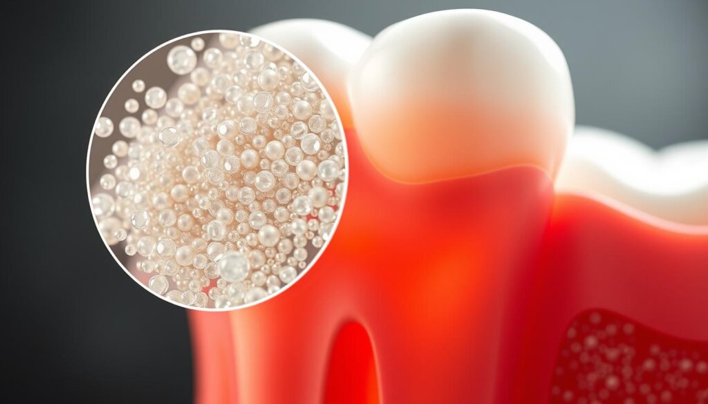 A detailed cross-section of a composite resin dental filling material, showcasing its multi-layered composition. The foreground features a highly magnified view of the resin matrix, filled with uniformly dispersed filler particles in varying sizes. The middle ground highlights the bonding interface between the resin and the tooth structure, with the enamel and dentin layers clearly visible. The background depicts the overall tooth form, captured in a warm, naturalistic lighting environment that enhances the material's translucency and depth. Rendered with a clean, technical aesthetic to emphasize the scientific nature of the subject matter.