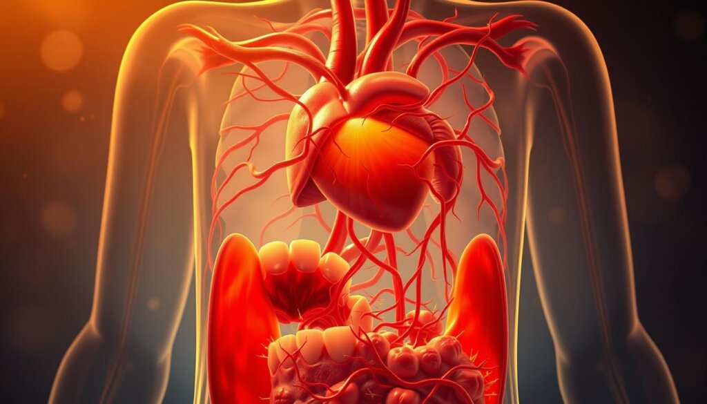 A detailed cross-section of the human body, showcasing the intricate connection between oral health and overall systemic wellness. In the foreground, a vibrant representation of the oral cavity, with teeth, gums, and tongue rendered in high-definition. The middle ground reveals the circulatory system, with blood vessels intertwining, symbolizing the flow of nutrients and pathogens throughout the body. In the background, a ghostly silhouette of vital organs, including the heart, lungs, and brain, highlighting the far-reaching impact of oral health. The scene is bathed in a warm, golden light, creating a sense of harmony and balance, underscoring the holistic nature of the oral-systemic health link. Rendered in a realistic, yet stylized manner, to convey the complex relationship between the mouth and the body.