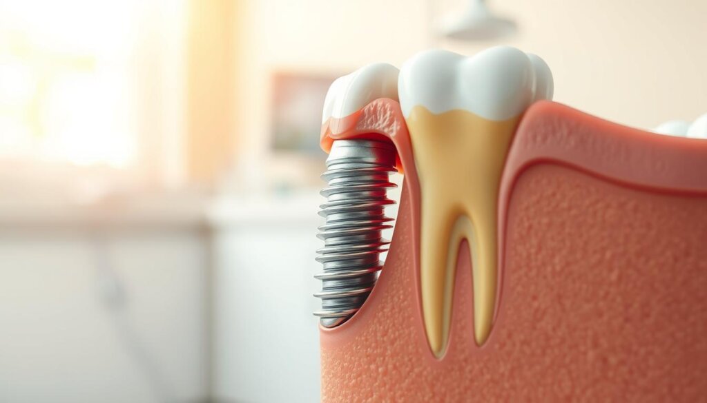A detailed, cross-sectional view of a dental implant during the post-placement healing process. The foreground depicts the implant firmly anchored in the jawbone, with the surrounding gum tissue gently embracing the implant. The middle ground showcases the progression of bone integration, with visible new bone growth fusing the implant to the jaw. The background features a softly blurred, clean and sterile medical environment, conveying a sense of professionalism and care. Warm, natural lighting emanates from an unseen source, creating a soothing, reassuring atmosphere. The overall scene communicates the gradual, meticulous healing that takes place after a dental implant procedure.