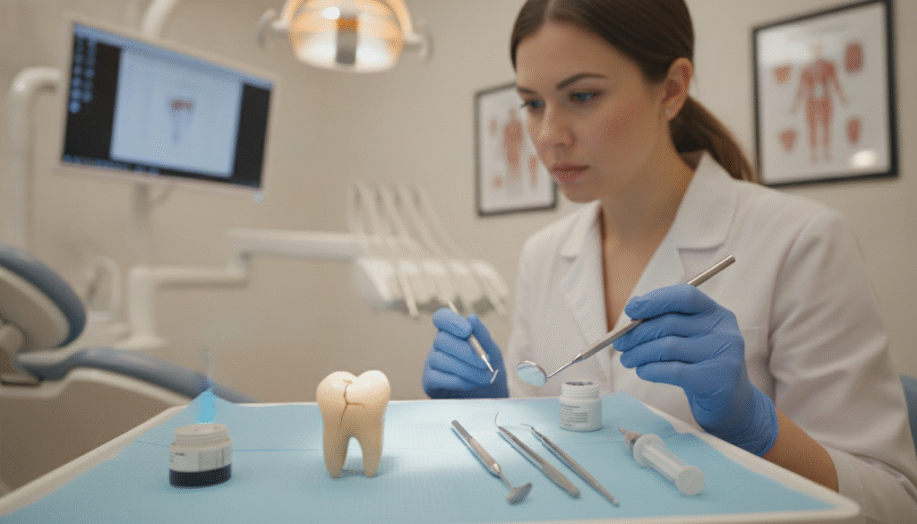 A detailed dental examination scene illustrating options for cracked molar repair. In the foreground, a close-up of a cracked molar is shown, highlighting the fracture line with clear detail. Beside the tooth, various dental tools and materials are arranged, such as composite resin, dental bonding agents, and a dental mirror. In the middle ground, a dental professional in a lab coat examines the tooth with an inquisitive gaze, focused and serious, depicting a sense of professionalism. The background features a softly lit dental office with dental chairs and charts on the walls, conveying a clean and clinical atmosphere. The lighting is warm yet bright, emphasizing a positive and hopeful mood about possible repair options. The angle is slightly elevated to capture both the tooth and the dentist's attentive expression. A detailed dental examination scene illustrating options for cracked molar repair. In the foreground, a close-up of a cracked molar is shown, highlighting the fracture line with clear detail. Beside the tooth, various dental tools and materials are arranged, such as composite resin, dental bonding agents, and a dental mirror. In the middle ground, a dental professional in a lab coat examines the tooth with an inquisitive gaze, focused and serious, depicting a sense of professionalism. The background features a softly lit dental office with dental chairs and charts on the walls, conveying a clean and clinical atmosphere. The lighting is warm yet bright, emphasizing a positive and hopeful mood about possible repair options. The angle is slightly elevated to capture both the tooth and the dentist's attentive expression.