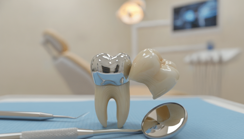 A detailed dental scene showcasing a broken tooth with a visible filling and a crown. In the foreground, prominently feature a close-up of the tooth, with the filling showing its glossy texture and the crown depicting intricate details and a natural color shade. In the middle ground, include dental tools like a mirror and explorer to hint at the dentist's workspace. The background should be softly blurred to represent a clean, professional dental office environment with light-colored walls and warm, inviting lighting that creates a calm atmosphere. Use a shallow depth of field to focus on the tooth while gently blending the dental tools and office behind it. The overall mood should be educational and reassuring, suitable for a professional audience. A detailed dental scene showcasing a broken tooth with a visible filling and a crown. In the foreground, prominently feature a close-up of the tooth, with the filling showing its glossy texture and the crown depicting intricate details and a natural color shade. In the middle ground, include dental tools like a mirror and explorer to hint at the dentist's workspace. The background should be softly blurred to represent a clean, professional dental office environment with light-colored walls and warm, inviting lighting that creates a calm atmosphere. Use a shallow depth of field to focus on the tooth while gently blending the dental tools and office behind it. The overall mood should be educational and reassuring, suitable for a professional audience.