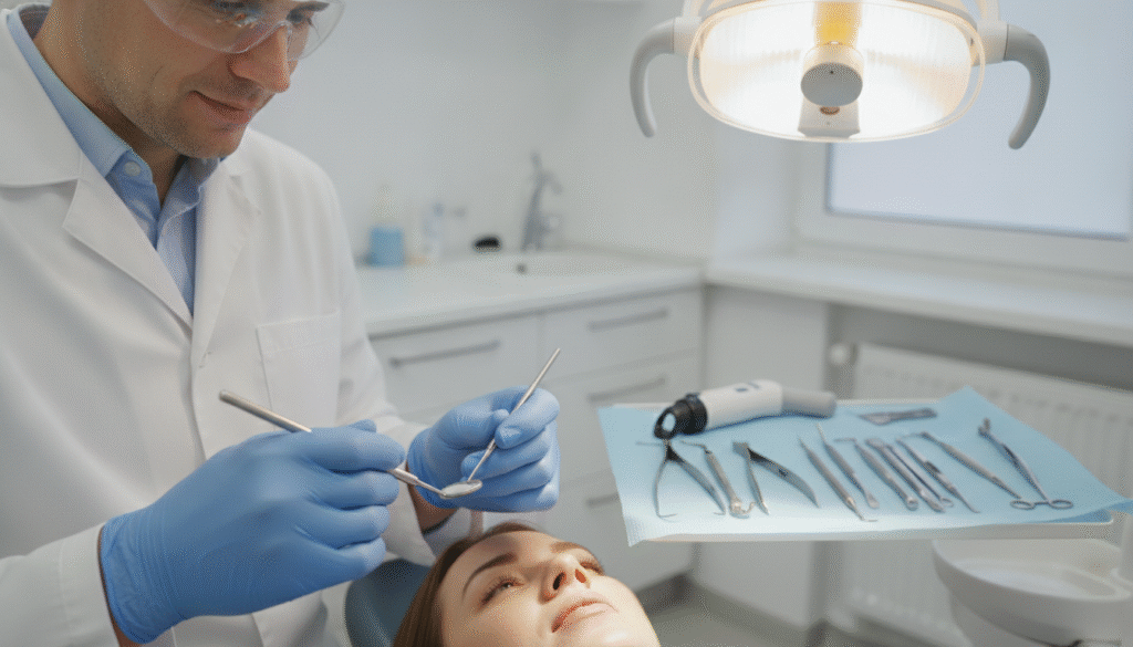 A detailed dental scene showcasing tooth fracture treatment at the gum line. In the foreground, a close-up of a fractured tooth with jagged edges and visible gumline highlighting the damage. A dental professional, dressed in a white lab coat and safety glasses, is carefully examining the tooth with a dental mirror and probe. In the middle background, tools such as dental forceps and a lighted dental chair create an environment of a dental clinic. The lighting is bright and clinical, emphasizing precision and care. The atmosphere conveys a sense of professionalism and hope, suggesting the possibility of saving the damaged tooth. The camera angle is slightly above the tooth, focusing on the intricate details of the fracture and treatment process. A detailed dental scene showcasing tooth fracture treatment at the gum line. In the foreground, a close-up of a fractured tooth with jagged edges and visible gumline highlighting the damage. A dental professional, dressed in a white lab coat and safety glasses, is carefully examining the tooth with a dental mirror and probe. In the middle background, tools such as dental forceps and a lighted dental chair create an environment of a dental clinic. The lighting is bright and clinical, emphasizing precision and care. The atmosphere conveys a sense of professionalism and hope, suggesting the possibility of saving the damaged tooth. The camera angle is slightly above the tooth, focusing on the intricate details of the fracture and treatment process.