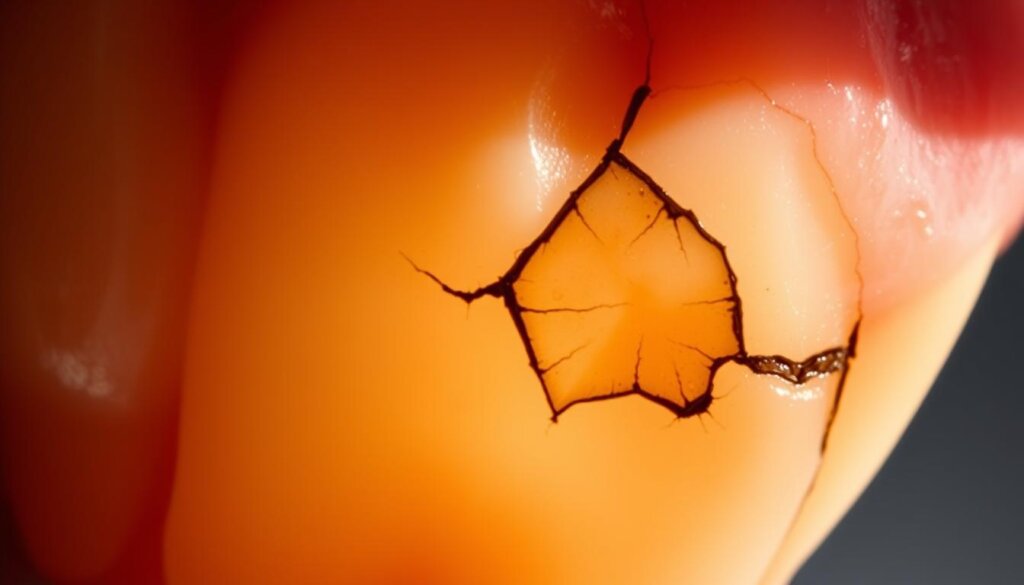 A detailed, high-resolution close-up image of a human tooth displaying clear signs of a fracture or crack. The tooth should be illuminated from the side, casting shadows that accentuate the damaged surface features. The image should have a clinical, informative tone, with a shallow depth of field that focuses attention on the affected area. Visible damage may include hairline cracks, chipped enamel, and discoloration. The overall composition should convey the common causes and visual indicators of a cracked or fractured tooth, as described in the article section title.
