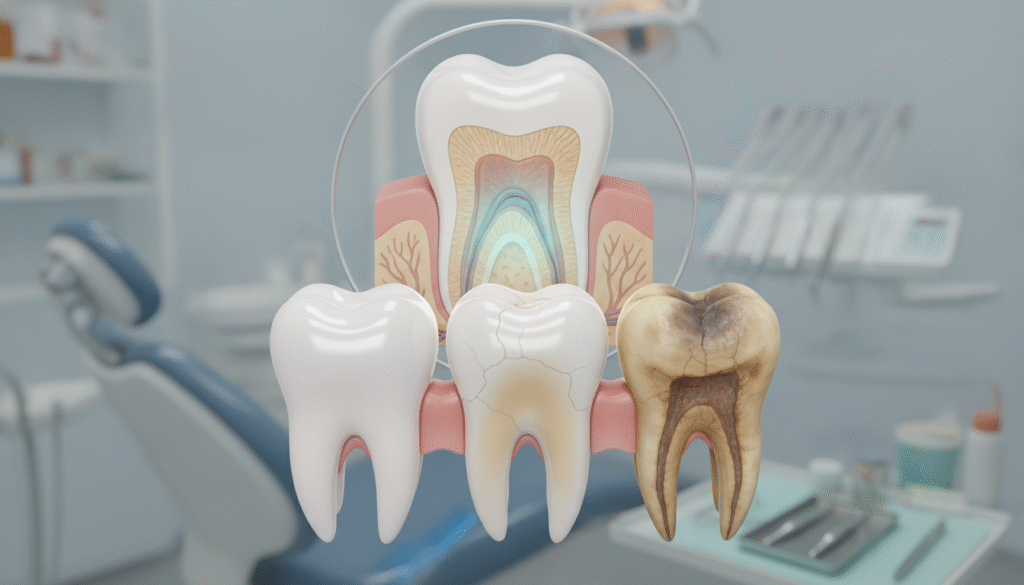 A detailed illustration depicting the dental aging process, featuring three partially transparent human teeth layered in the foreground, showing various stages of aging from youthful, healthy enamel to worn, fragile teeth with visible decay and gum recession. In the middle, a cross-section reveals the internal structure of a tooth undergoing changes, with a root canal treatment highlighted by soft blue and green lighting to represent the healing process. The background consists of a blurred dental clinic setting, softly lit with calming, neutral colors to evoke a sense of cleanliness and professionalism. The overall mood is informative and contemplative, emphasizing the contrast between healthy and aged teeth, with a focus on the changes that occur over time. A detailed illustration depicting the dental aging process, featuring three partially transparent human teeth layered in the foreground, showing various stages of aging from youthful, healthy enamel to worn, fragile teeth with visible decay and gum recession. In the middle, a cross-section reveals the internal structure of a tooth undergoing changes, with a root canal treatment highlighted by soft blue and green lighting to represent the healing process. The background consists of a blurred dental clinic setting, softly lit with calming, neutral colors to evoke a sense of cleanliness and professionalism. The overall mood is informative and contemplative, emphasizing the contrast between healthy and aged teeth, with a focus on the changes that occur over time.