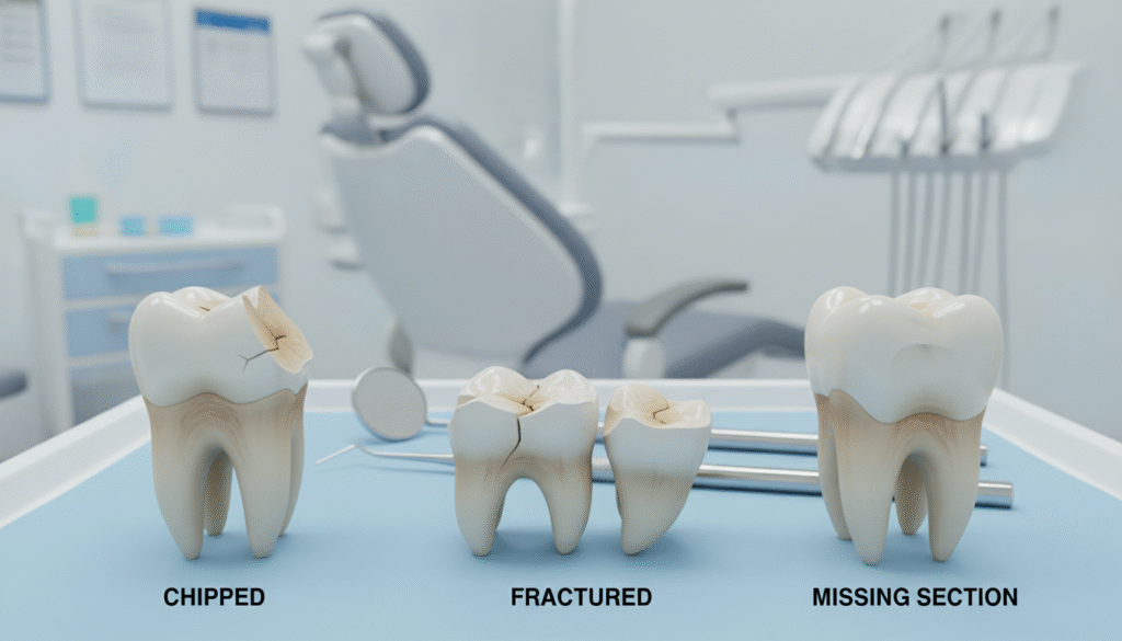 A detailed illustration depicting various types of tooth breakage. In the foreground, showcase three distinct broken teeth: a chipped tooth with sharp edges, a tooth that has fractured into multiple pieces, and a tooth that is completely missing a section. Each tooth should be anatomically accurate and positioned on a clean dental background. The middle layer features dental tools, such as a mirror and explorer, placed next to the teeth to emphasize the dental theme. In the background, softly blurred dental clinic elements, like a dental chair and charts, create a professional atmosphere. The lighting is bright and clinical, mimicking the sterile environment of a dental office. The overall mood is informative and educational, aimed at enhancing understanding of tooth breakage types. A detailed illustration depicting various types of tooth breakage. In the foreground, showcase three distinct broken teeth: a chipped tooth with sharp edges, a tooth that has fractured into multiple pieces, and a tooth that is completely missing a section. Each tooth should be anatomically accurate and positioned on a clean dental background. The middle layer features dental tools, such as a mirror and explorer, placed next to the teeth to emphasize the dental theme. In the background, softly blurred dental clinic elements, like a dental chair and charts, create a professional atmosphere. The lighting is bright and clinical, mimicking the sterile environment of a dental office. The overall mood is informative and educational, aimed at enhancing understanding of tooth breakage types.