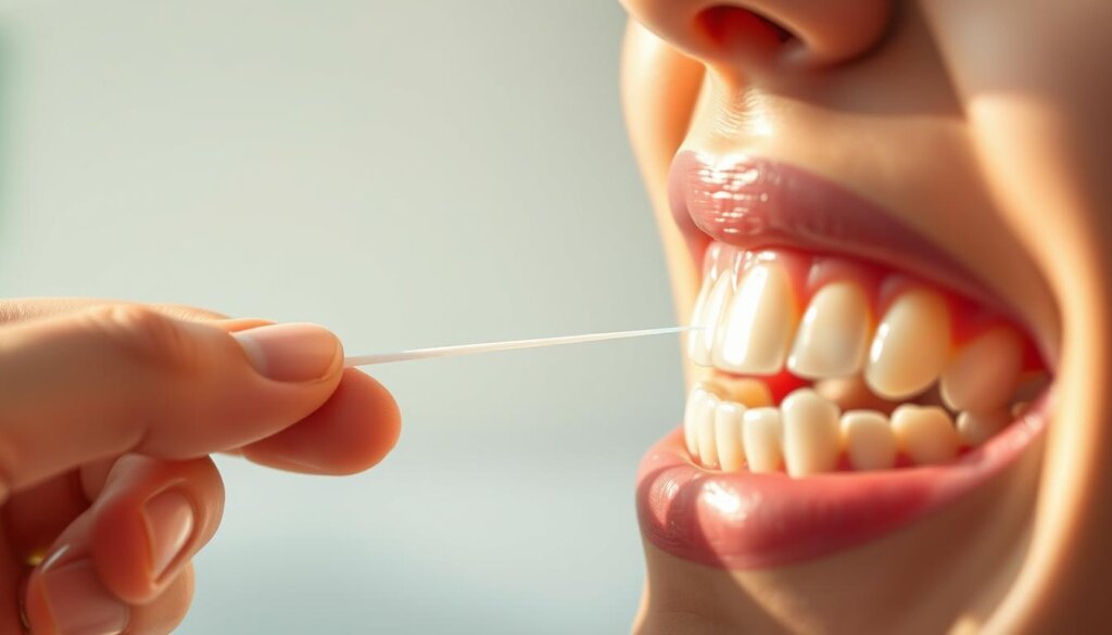 A detailed illustration of flossing frequency, captured through a high-resolution lens in a warm, inviting lighting setup. In the foreground, a hand skillfully flossing between teeth, showcasing the proper technique. In the middle ground, a set of teeth in varying stages of cleanliness, representing the effects of flossing at different intervals. The background features a serene, minimalist environment, emphasizing the importance of this simple yet essential oral hygiene practice. The overall composition conveys the role of flossing in maintaining optimal dental health, as part of a comprehensive daily routine.