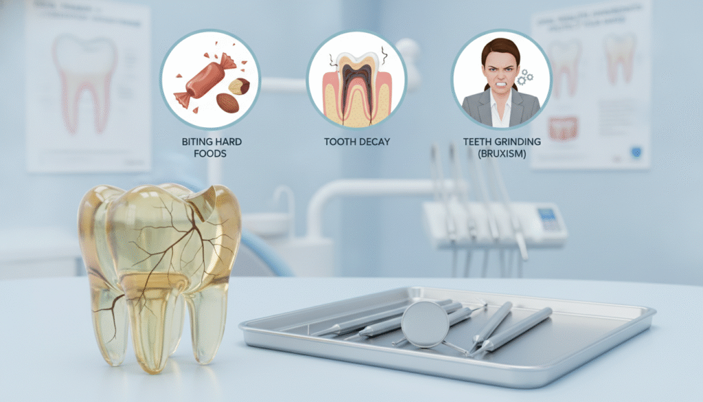 A detailed illustration showcasing common causes of tooth cracking and breaking. In the foreground, feature a cracked tooth model, highlighting stress fractures. The middle layer should include visual representations of biting hard foods, grinding teeth, and tooth decay. Include a close-up of a person clenching their jaw, dressed in professional attire, to signify teeth grinding. The background should show a subtle dental clinic setting, focusing on dental tools and educational posters about oral health. The lighting should be bright and clinical, enhancing the focus on the tooth model and surrounding items. Create an educational and informative atmosphere that captures the theme of dental health awareness. A detailed illustration showcasing common causes of tooth cracking and breaking. In the foreground, feature a cracked tooth model, highlighting stress fractures. The middle layer should include visual representations of biting hard foods, grinding teeth, and tooth decay. Include a close-up of a person clenching their jaw, dressed in professional attire, to signify teeth grinding. The background should show a subtle dental clinic setting, focusing on dental tools and educational posters about oral health. The lighting should be bright and clinical, enhancing the focus on the tooth model and surrounding items. Create an educational and informative atmosphere that captures the theme of dental health awareness.