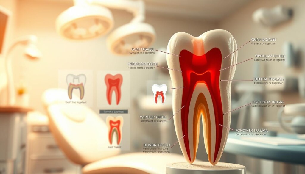 A detailed illustration showcasing the common reasons for toothache. In the foreground, a close-up view of a human tooth with distinct sections highlighted, including the pulp, dentin, and enamel. In the middle ground, various factors causing toothache, such as cavities, gum disease, wisdom teeth eruption, and dental trauma, depicted through anatomical diagrams. The background features a softly blurred dental clinic setting, with dental equipment and tools providing a sense of context. Warm, natural lighting illuminates the scene, creating a clinical yet informative atmosphere. Rendered in a highly detailed, photorealistic style using Stable Diffusion.