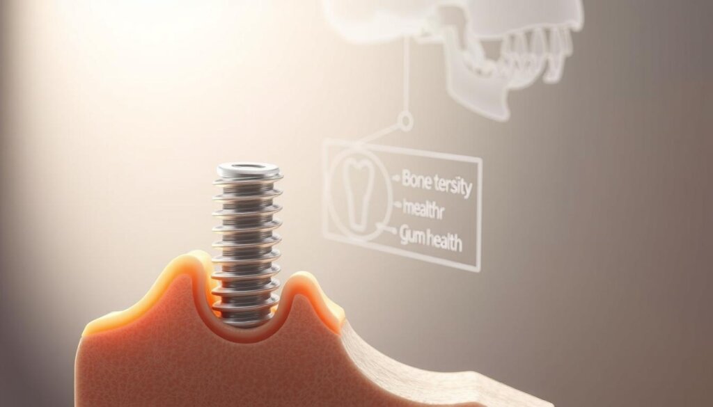 A detailed medical illustration depicting the key factors influencing the success of dental implants. In the foreground, a cross-section of a dental implant seamlessly integrated with the jawbone, showcasing optimal osseointegration. In the middle ground, a diagram highlighting the critical elements for implant success, such as bone density, gum health, and proper implant positioning. In the background, a minimalist anatomical rendering of the jaw structure, lending a clinical and authoritative tone. The lighting is soft and directional, emphasizing the implant's integration while maintaining a clean, professional aesthetic. The overall composition conveys a sense of scientific rigor and medical expertise suitable for a technical article on dental implant usage and safety.