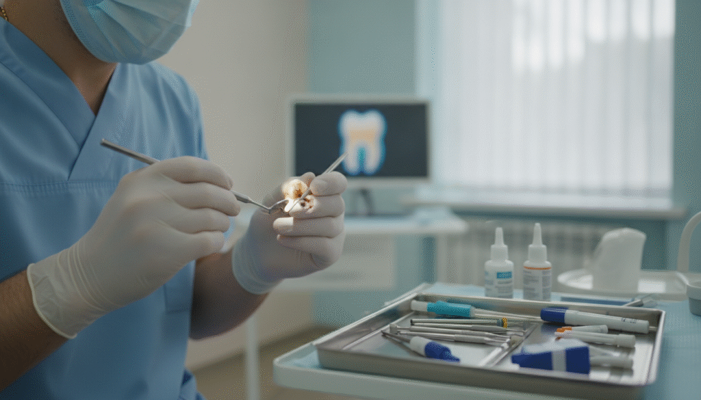 A detailed scene depicting a dental treatment environment focused on a cracked molar. In the foreground, an open mouth reveals a cracked molar, illustrating the damage clearly, with a soft light illuminating the tooth to highlight its features. A dentist, dressed in professional attire with a mask, is gently inspecting the tooth with dental instruments, reflecting an atmosphere of care and precision. In the middle ground, dental tools and materials related to treatment without a crown are neatly organized on a tray, demonstrating an advanced approach to dental care. The background shows a well-lit dental clinic with calming colors, such as pale blues and whites, to create a serene and professional atmosphere. The overall mood should evoke hope and reassurance for dental patients facing similar issues. A detailed scene depicting a dental treatment environment focused on a cracked molar. In the foreground, an open mouth reveals a cracked molar, illustrating the damage clearly, with a soft light illuminating the tooth to highlight its features. A dentist, dressed in professional attire with a mask, is gently inspecting the tooth with dental instruments, reflecting an atmosphere of care and precision. In the middle ground, dental tools and materials related to treatment without a crown are neatly organized on a tray, demonstrating an advanced approach to dental care. The background shows a well-lit dental clinic with calming colors, such as pale blues and whites, to create a serene and professional atmosphere. The overall mood should evoke hope and reassurance for dental patients facing similar issues.