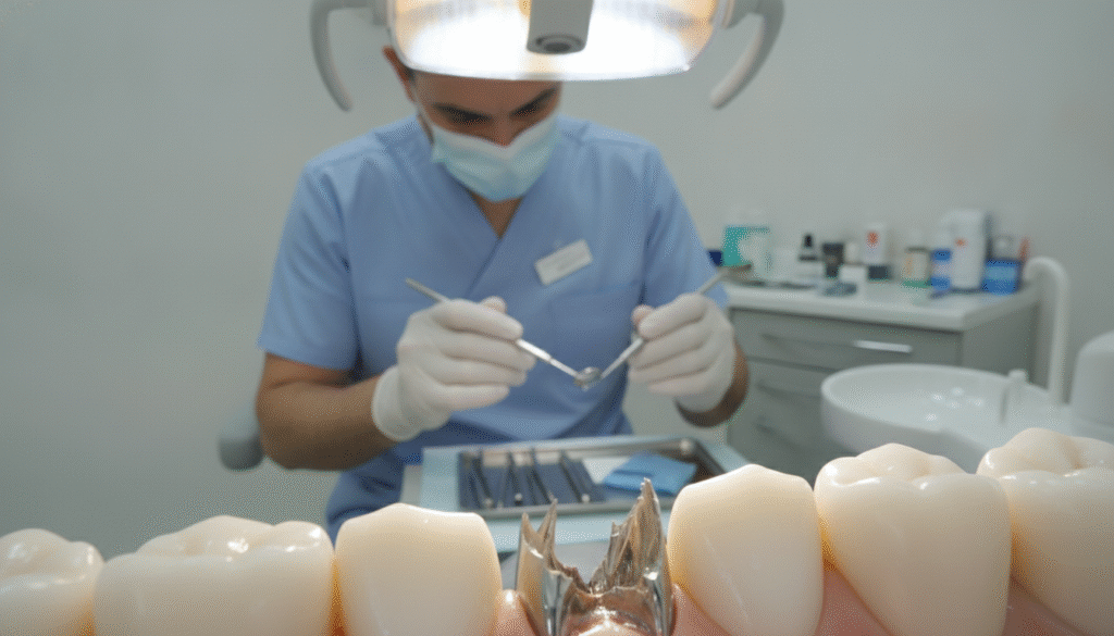 A detailed view of a broken tooth in a dental chair, highlighting the contrast between the fracture and healthy teeth surrounding it. In the foreground, focus on a close-up of the tooth, revealing intricate details of its structure and the signs of wear. In the middle ground, a dentist in professional attire, wearing gloves and a mask, examines the tooth with a bright dental light illuminating the scene, emphasizing a clinical yet comforting atmosphere. The background features a softly blurred dental office environment, with tools and equipment subtly visible, enhancing the professional setting. The soft white and blue lighting creates a clean, sterile feel, evoking a sense of trust and professionalism in cosmetic dentistry. A detailed view of a broken tooth in a dental chair, highlighting the contrast between the fracture and healthy teeth surrounding it. In the foreground, focus on a close-up of the tooth, revealing intricate details of its structure and the signs of wear. In the middle ground, a dentist in professional attire, wearing gloves and a mask, examines the tooth with a bright dental light illuminating the scene, emphasizing a clinical yet comforting atmosphere. The background features a softly blurred dental office environment, with tools and equipment subtly visible, enhancing the professional setting. The soft white and blue lighting creates a clean, sterile feel, evoking a sense of trust and professionalism in cosmetic dentistry.