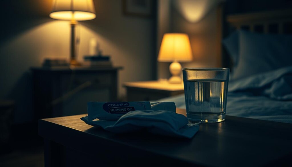 A dimly lit bedroom at night, the bedside table illuminated by a soft, warm glow. On the table, an assortment of items to alleviate tooth pain - a tube of numbing gel, a cold pack, and a glass of water. The room is shrouded in shadows, creating a calming, soothing atmosphere. The focus is on the pain relief items, their shapes and textures clearly visible, offering a sense of comfort and relief to the viewer. The scene is captured through a shallow depth of field, with the background softly blurred, emphasizing the importance of the foreground objects. Subtle hints of the bedroom's décor, such as a nightstand or a bedspread, can be seen in the periphery, adding to the overall ambiance.