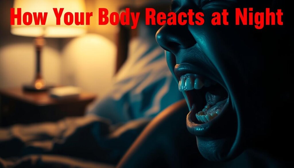 A dimly lit bedroom at night, the eerie glow of a bedside lamp casting shadows on a person's restless face. In the foreground, a close-up of an open mouth, teeth clenched in pain, the jaw muscles strained. Soft, warm lighting accentuates the tension and discomfort, while the background blurs into a hazy, dreamlike atmosphere, reflecting the disorientation and unease of the moment. The scene evokes a palpable sense of nocturnal dental distress, capturing the essence of the "How Your Body Reacts at Night" section of the article.
