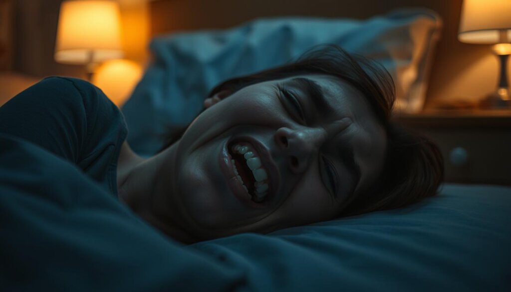A dimly lit bedroom at night, the focal point being a person's head lying on a pillow, mouth slightly open, revealing a painful-looking tooth. The background is blurred, with shadows cast across the face, creating a sense of unease and discomfort. Soft, warm lighting emanates from a nightstand, casting a gentle glow on the subject's features. The image conveys the intensity and distress of nighttime tooth pain, drawing the viewer's attention to the source of the affliction.