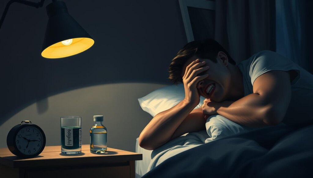 A dimly lit bedroom at night, the soft glow of a bedside lamp casting shadows on the walls. In the foreground, a person's head rests on a pillow, their face contorted in pain, one hand clutching their jaw. The middle ground features a nightstand with a glass of water, a bottle of painkillers, and a clock showing the late hour. The background is blurred, but suggests the rest of the bedroom, with a window hinting at the darkness outside. The overall mood is one of discomfort and unease, with the focus on the person's nocturnal toothache.